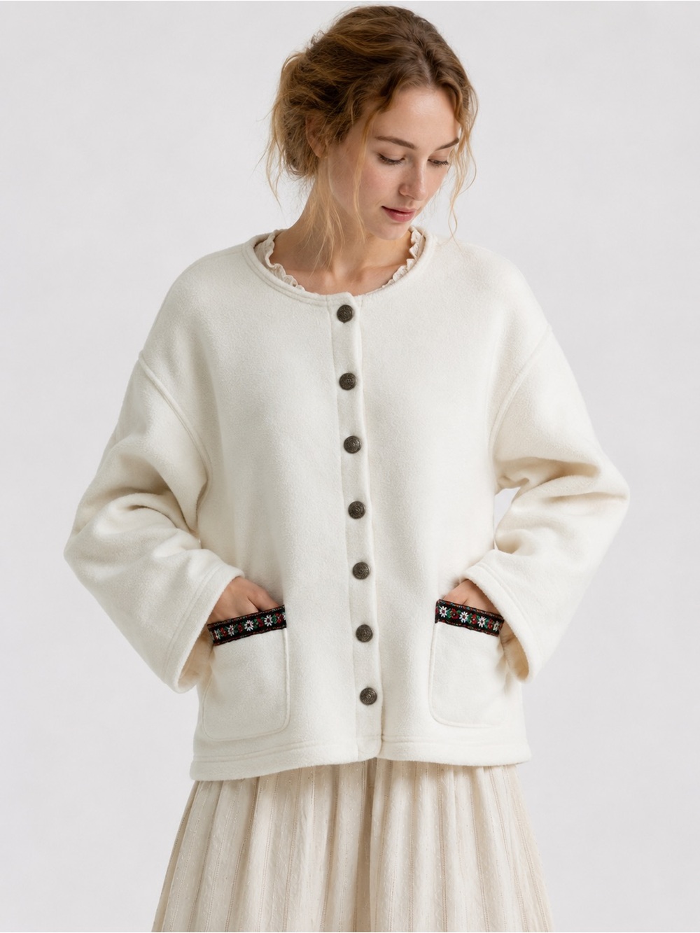 Vintage Liz & Co White Fleece Cardigan Jacket Scandi Folk Pattern L